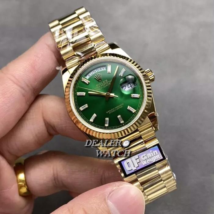QF Factory V5 RolexDay-Date Green Dial Baguette Diamond YG Gold Case 36mm 128238