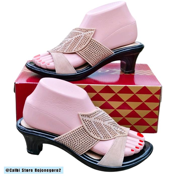 (( ORIGINAL )) Sandal Calbi Pesta Hak 9cm Model Jepit Permata Daun Cantik dan Glamour - Hitam, Crem,