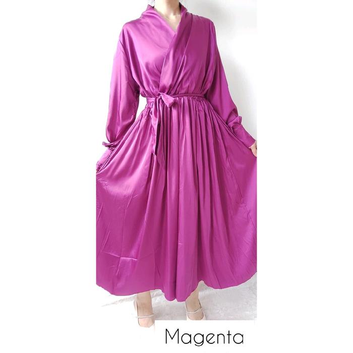 Kimono Maxi Dress Satin Gamis Polos Import Gaun Elegan Feminim