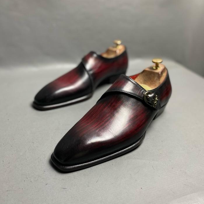 Custom made single monk strap patina handpainted burgundy not magnanni churchs crockett jones winson