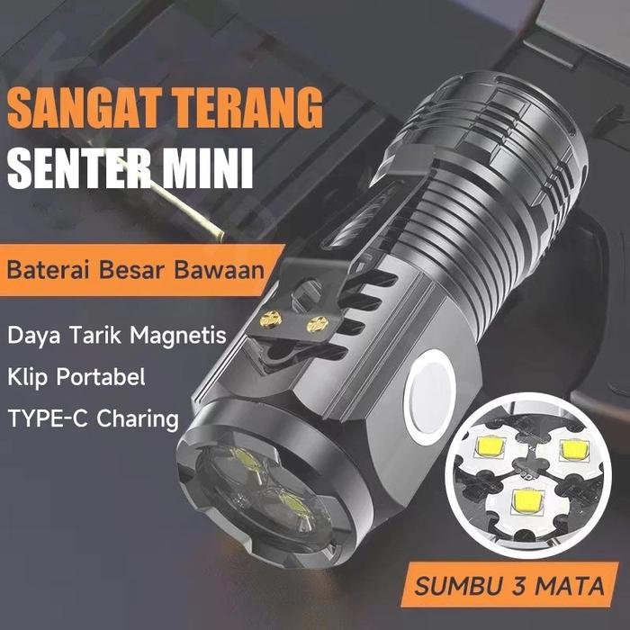 Senter Mini LED 3 Mata / Senter Mini Anti Air Super Terang / Senter Mini Rechargeable COD