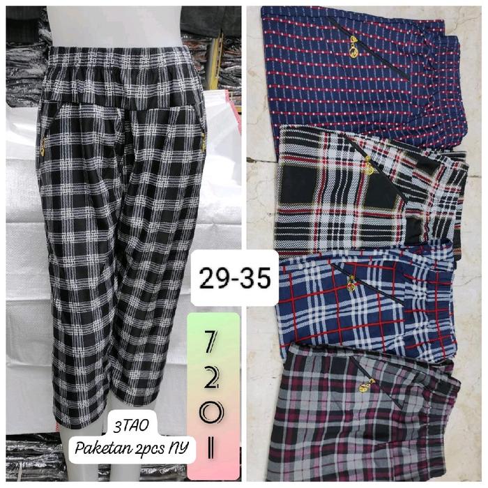 Mawi celana impor 5xl ponggol 7/8 strech wanita motif kotak