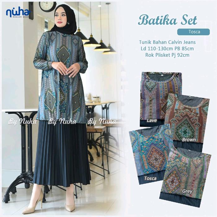 BATIKA SET Setelan Wanita Muslimah Jumbo Motif Batik Tunik Calvin Jeans Rok Plisket Kekinian Tosca B