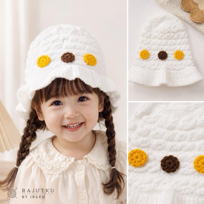 Rajutku by Ireen Kupluk Rajut Motif Rantai Hiasan 3 Bunga Bahan Wool Bayi Usia 0-1,5 Tahun Berbagai 