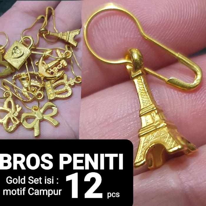 PENITI JILBAB peniti dagu bros isi 12 gold motif campur multifungsi anting jilbab hijab