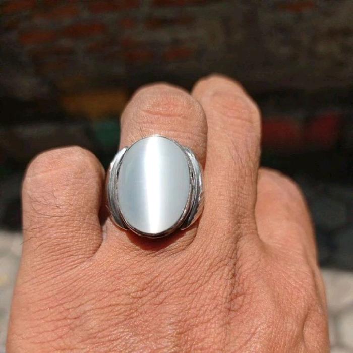 Cincin batu biduri bulan mata kucing jumbo 20x15 mm ring monel tanam