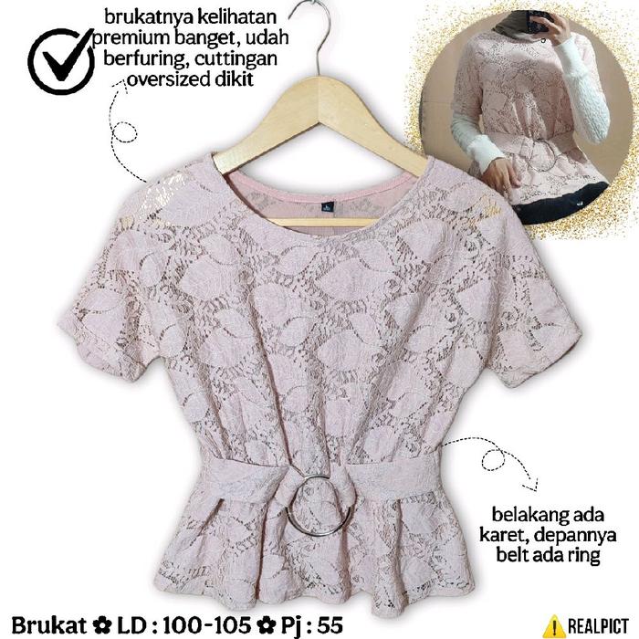 Blouse Brukat + Belt Size M Dusty Pink Peplum Lengan Pendek Duyung Megar Ada Sabuk Besi cantik Broka