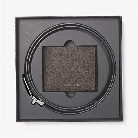 MK signature logo bifold wallet & belt gift set brown with box