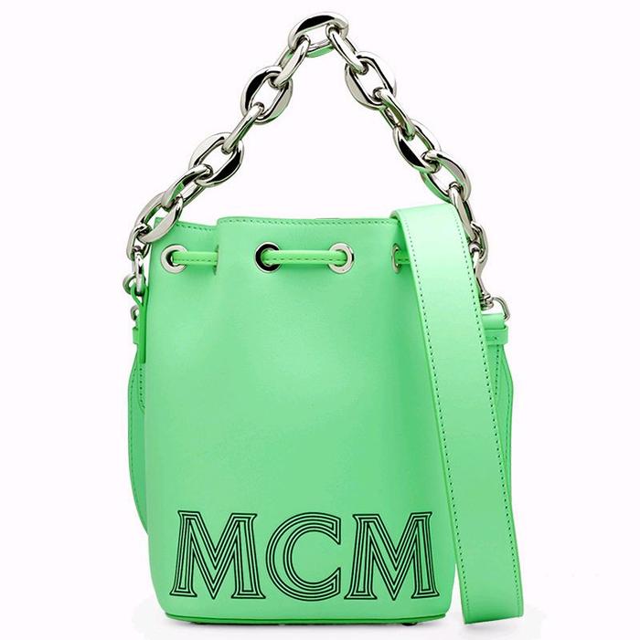 MCM Mini Drawstring Bucket Bag in Summer Green with Chain Handle