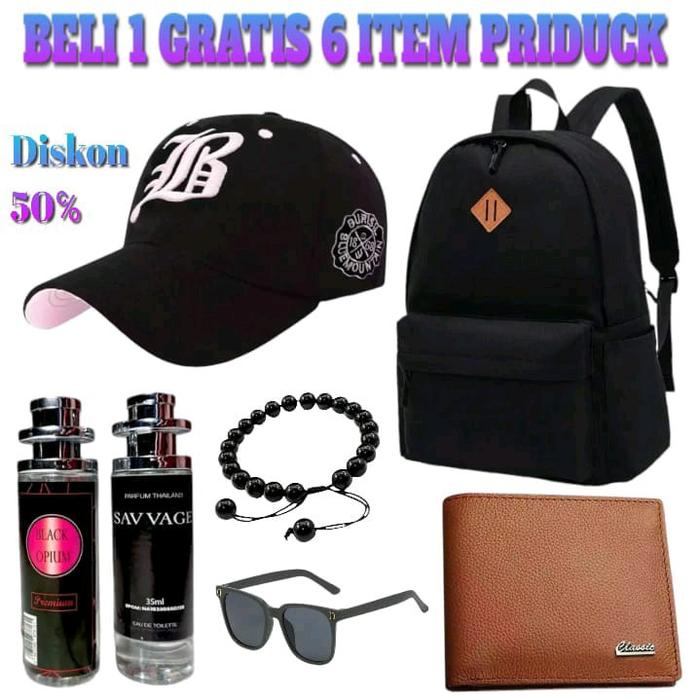 Paket Hemat Beli 1 Gratis 6 Item: Tas Ransel, Topi LB, Parfum, Dompet, Kaca Mata, Gelang Pria Sekola