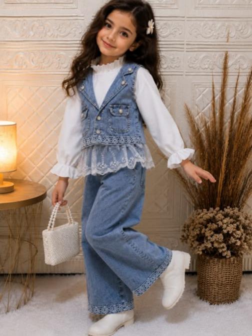 Setelan Baju Anak Perempuan Korea Style Outer Rompi Jean Levis Kulot Renda Import Usia 3-10 Tahun