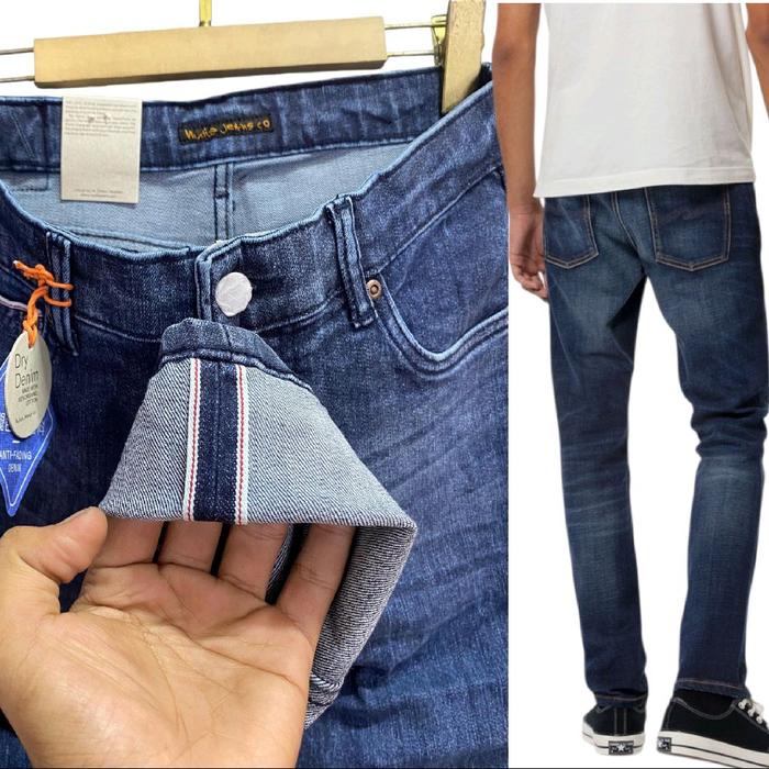 celana jeans panjang pria slim fit, nudie Lean Dean dry salvadge original, biru retro