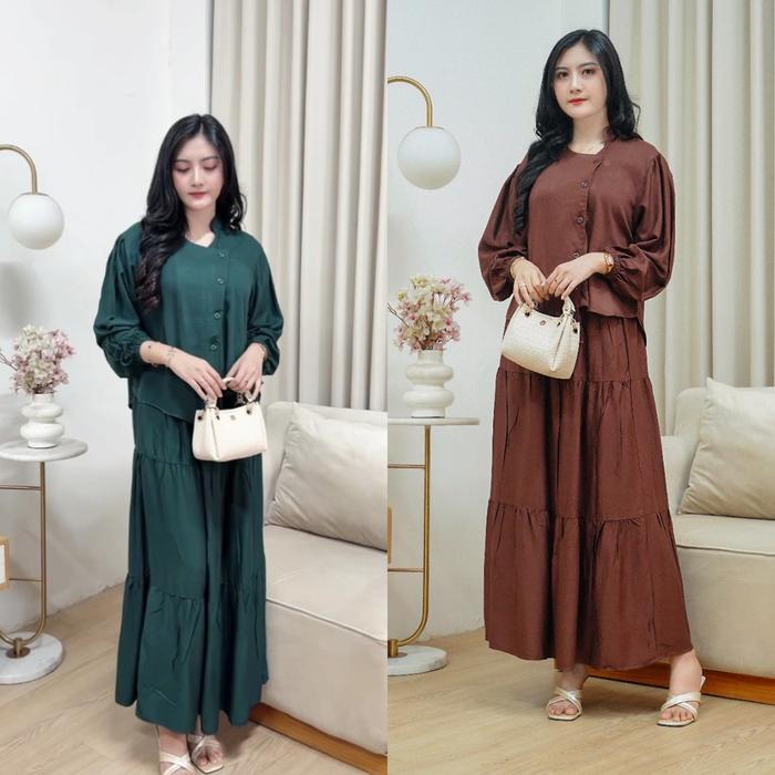 Alyssa Oneset Rok Susun Canda Bahan Rayon Twil Tebal Atasan Full kancing Busui Freindly Setelan Rok
