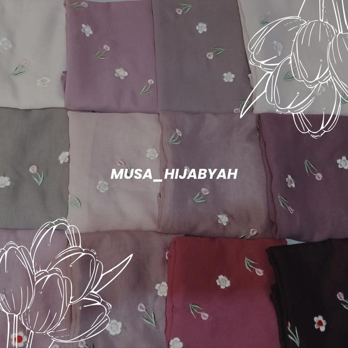 hijab malay oval (setiap sudut terdapat oval) dan satu sudut oval terdapat bordir bunga tulip dengan