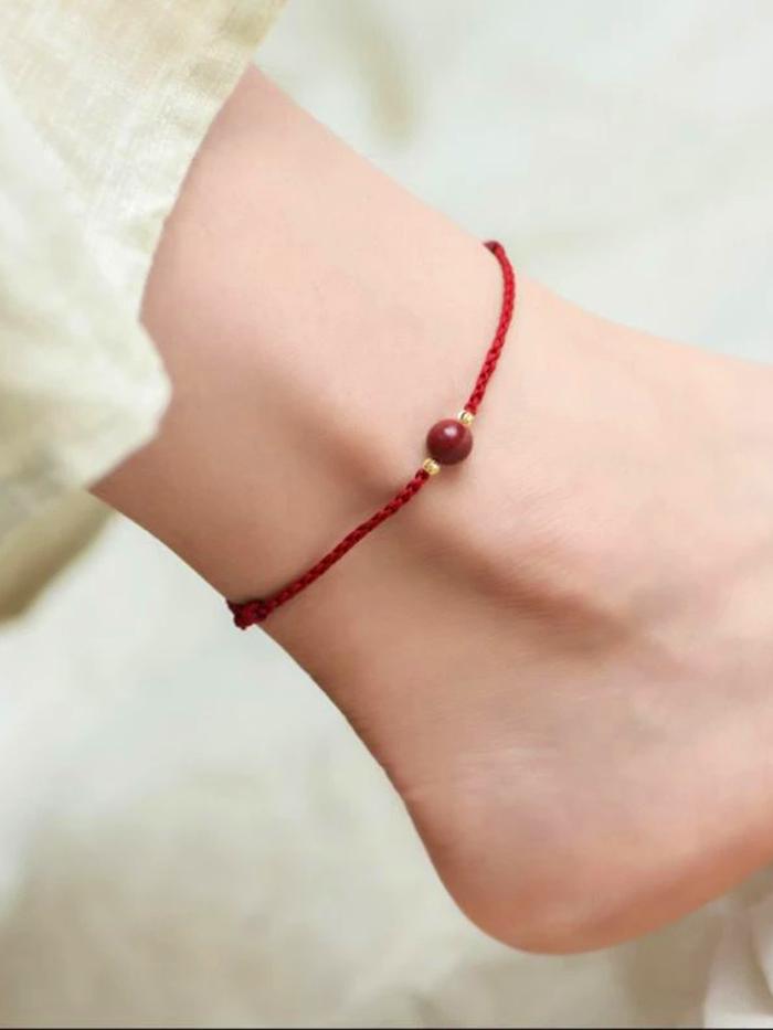 Gelang Kaki HK005 Mewah Unik Hiasan Batu Merah asli Kombinasi Manik Titanium Gold Anti karat Anti Lu