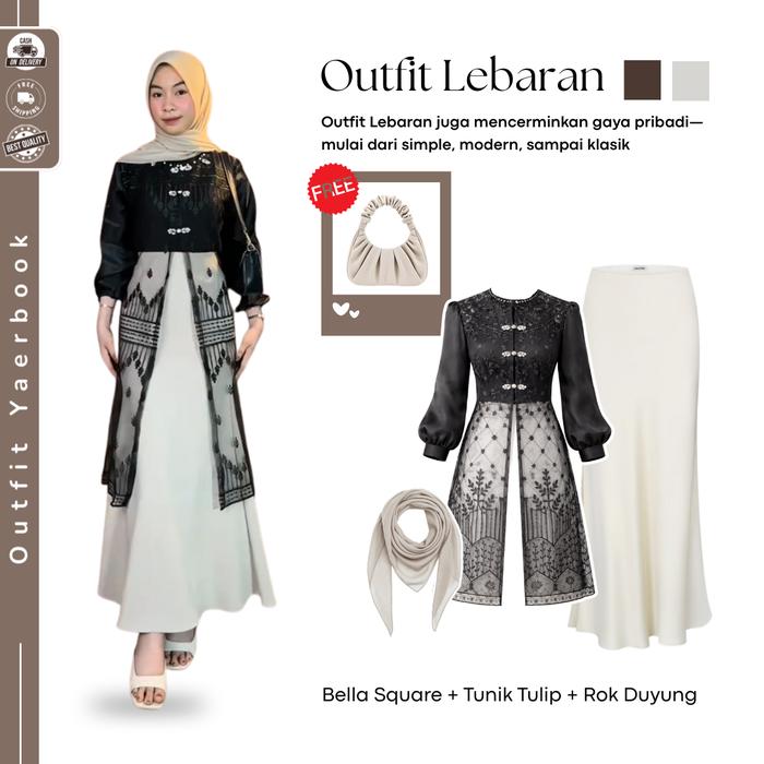 Outfit Lebaran Viral Remaja Muslim( Hijab Bella Square + Atasan Tunik Tulip + Celana Celana Cutbray
