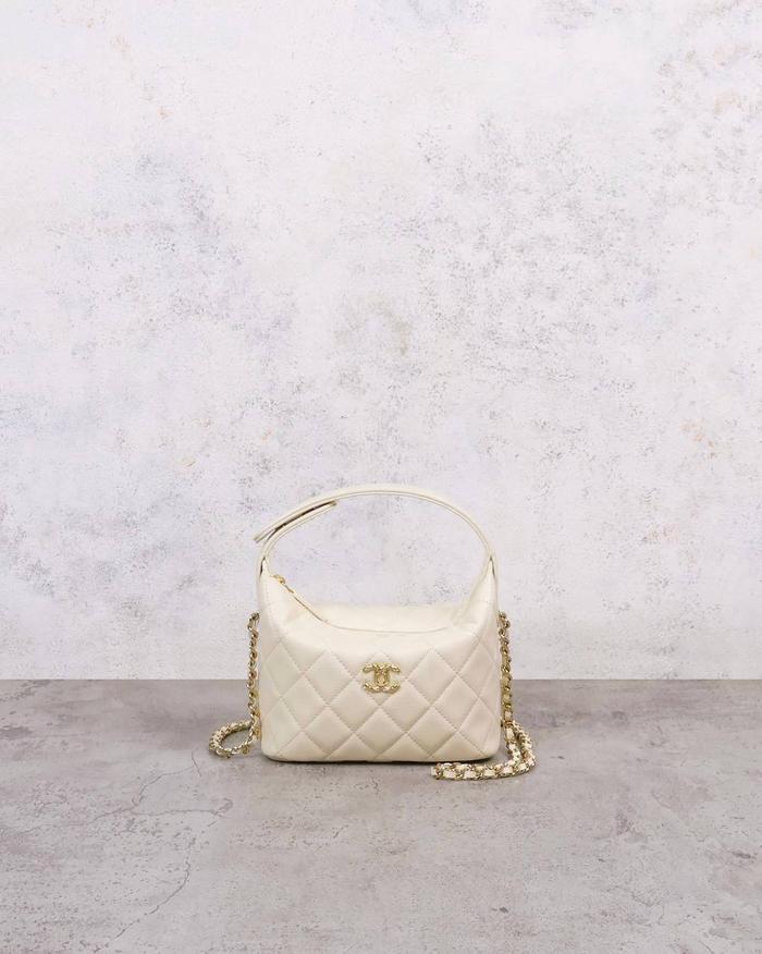 Chanel Clutch With Chain Mini Hobo Shiny Grained Calfskin Gold Tone Metal Ivory