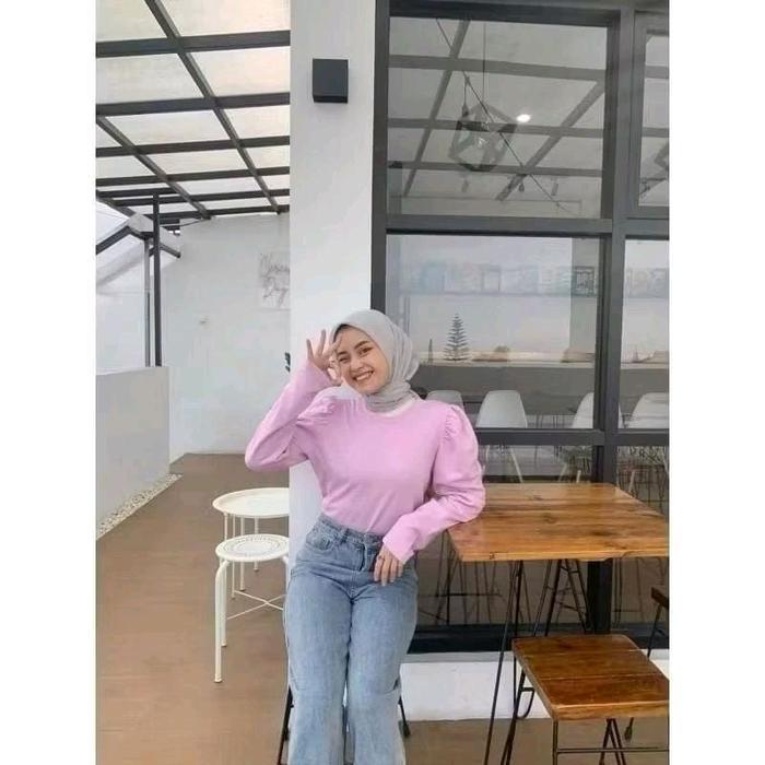 Blouse Waffle Puffy Lengan Balon Wanita/ Blouse Korean Kekinian