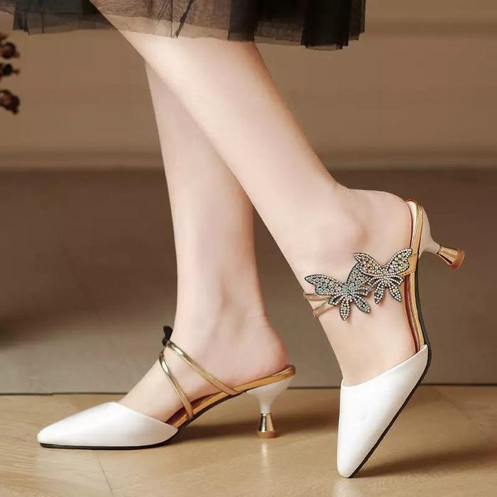 NOWLA STORE - High Heels Selop Bustong Pointed Toe Variasi Tali Gold Mix Kupu-Kupu Manik Mute Cantik