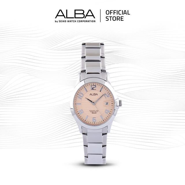 Jam Tangan Pria Alba AXHH25 Quartz dengan Dial Beige dan Tali Stainless Steel, Tahan Air 5 BAR