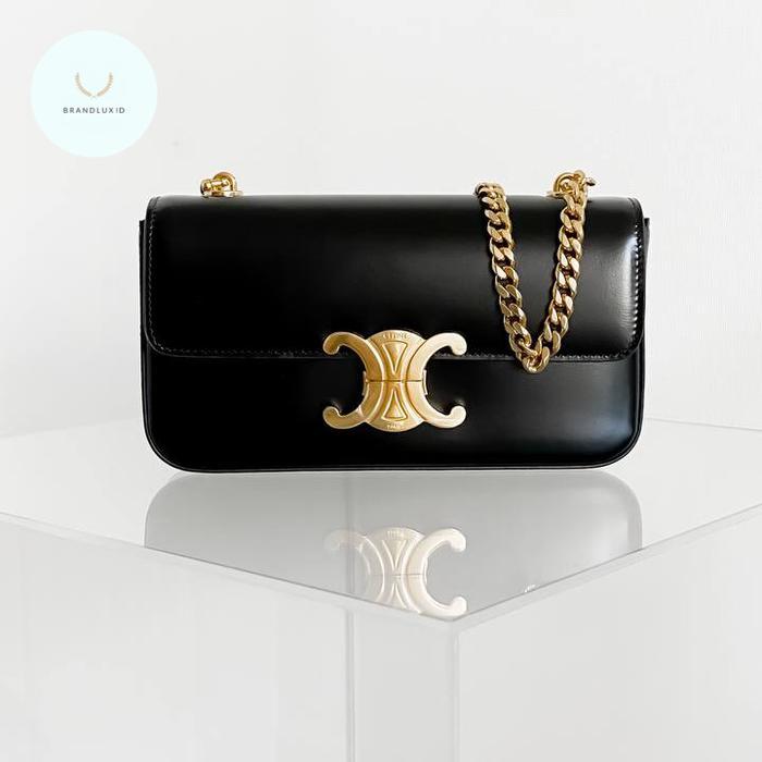 Celine Chain Triomphe Calfskin Shoulder Bag Black GHW