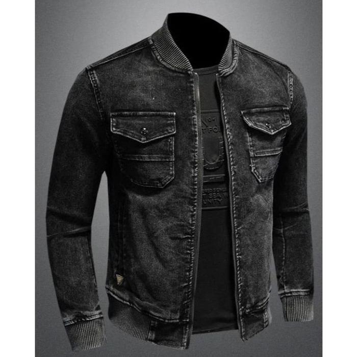 Jaket Bomber Jeans || Jaket Fashion Pria Kasual || Jaket Resleting Bomber Full Hitam