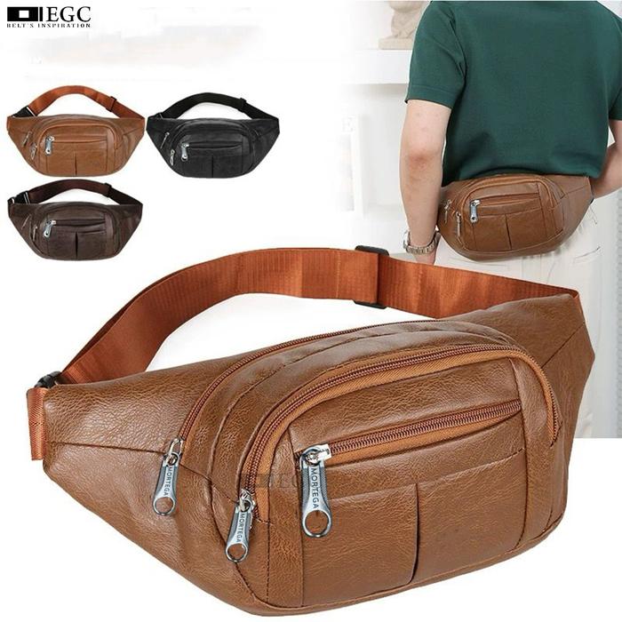 PROMO !! Tas Pinggang Pria Kulit Leather / Tas Slempang Cowok Fashion Polos  - WB-571