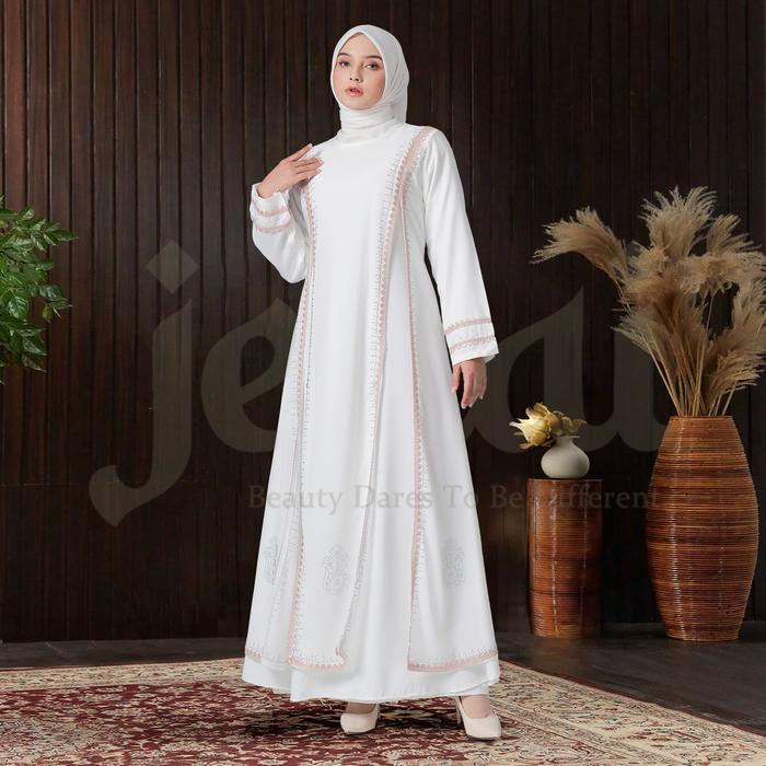 JENAI Gamis Putih Wanita Elegan dengan Detail Renda Cantik untuk Tampilan Mewah dan Modis Model Terb