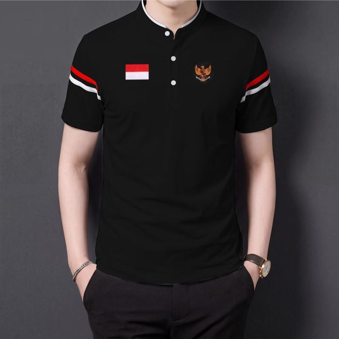 kaos kerah Shanghai logo bendera Indonesia dan garuda, logo bordir basic cotton combed 24s - hitam,