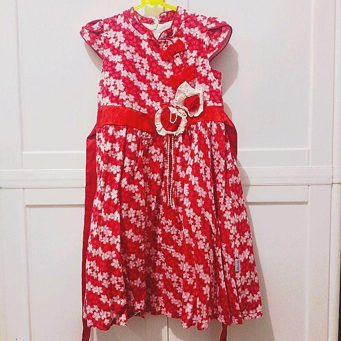 Baju Dress Anak Perempuan "DONITA" Warna Merah - Kerah Cheongsam - Size 4 (Preloved/bekas)