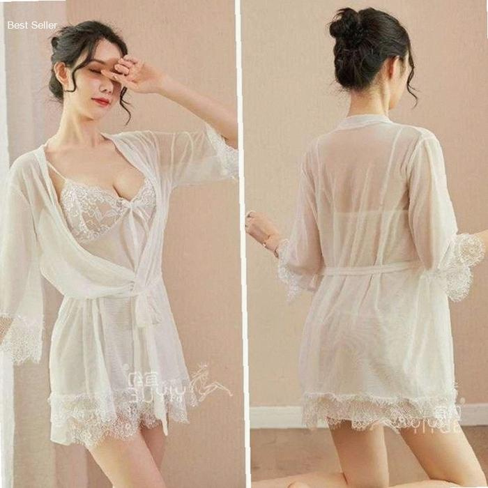 Set Lingerie Kimono Night Pakaian Dalam Tidur Dress CD Malam Wanita Hitam Merah Putih Pink Original 