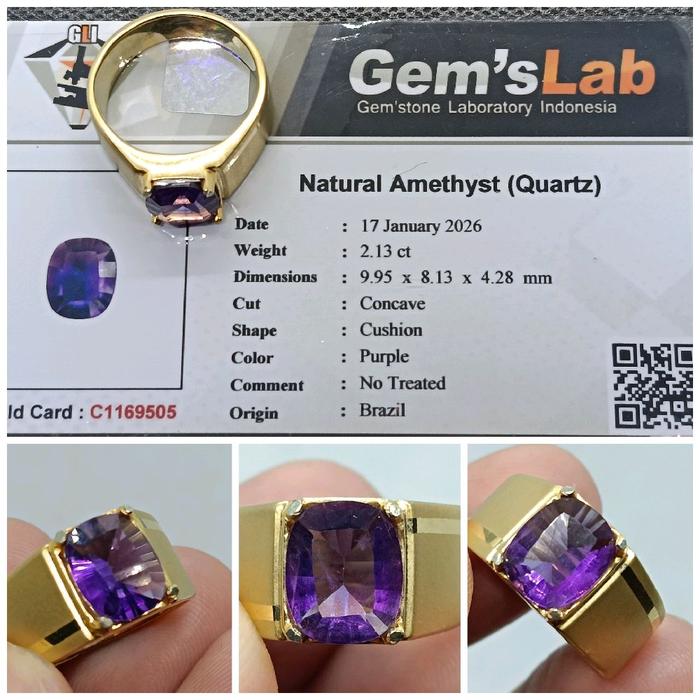 Natural Purple Amethyst Cutting 2,1ct memo GLI Kecubung Ring Perak