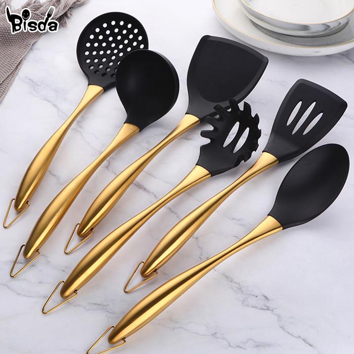 Gold Cooking Tool Set Silicone Head Kitchenware Stainless Steel
