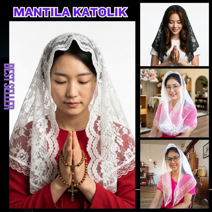 Mantila Katolik Putih Hitam Wanita Kain Renda Brokat Kerudung Tudung Kepala Selendang Doa Veil Devos
