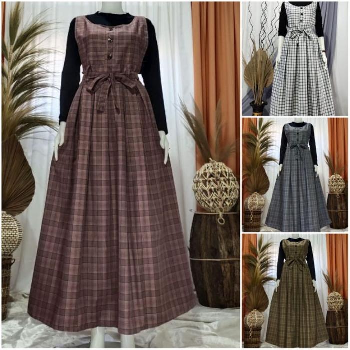 [COD] Overall Set Inner Dress JUMPSUIT Motif Kotak Remaja Premium Murah OVERALL POLOS DRESS KOREAN L