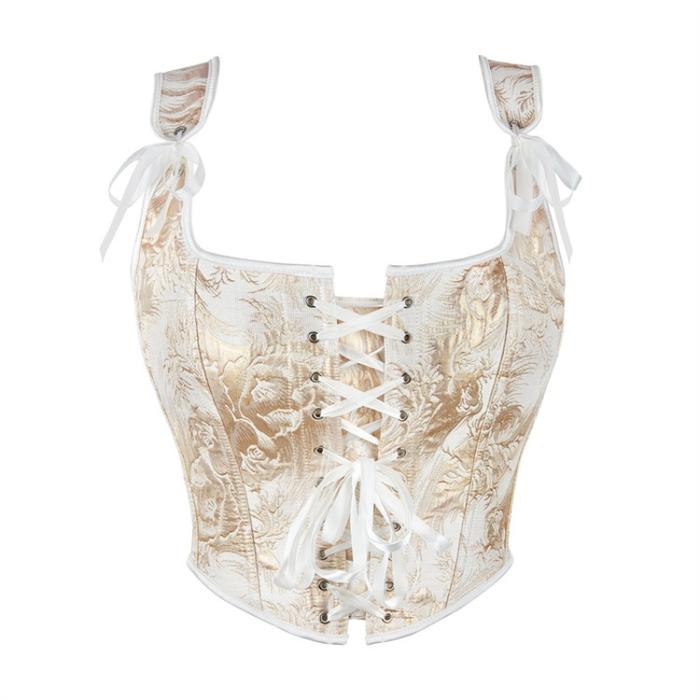 Women Vintage Overbust Corset Crop Tops Vest Gothic Victorian Lace-up Boned Bustier With Straps y Sh