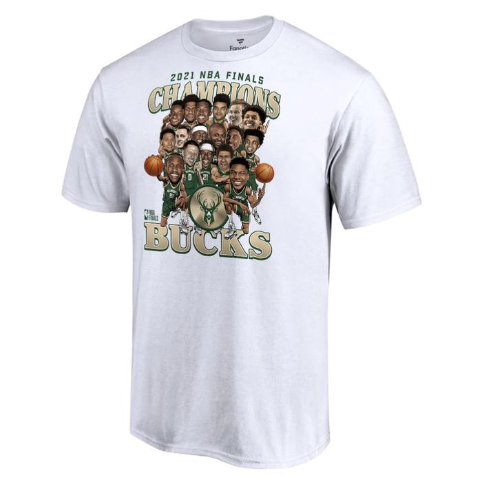 T-Shirt Kaos Basket NBA Milwaukee Bucks 2021 NBA Final Champions Team Caricature Roster