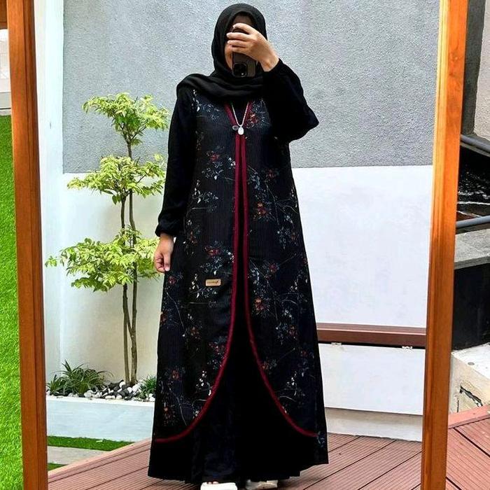 Dress Longcardy Hitam Bunga Brand Nadheefa