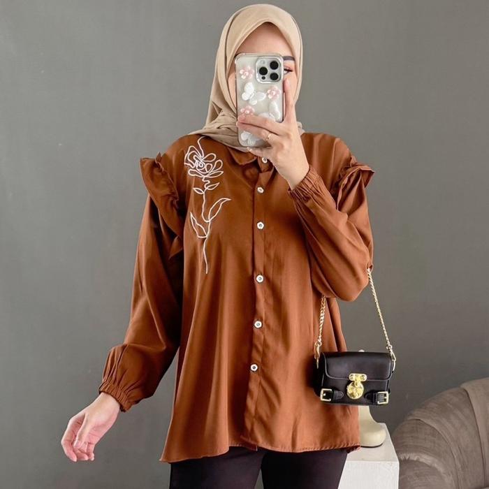 Atasan Camary Bordir//Shakila Blouse polos Lengan Panjang LD 100 dan 120//Baju Wanita Bahan Shakila 
