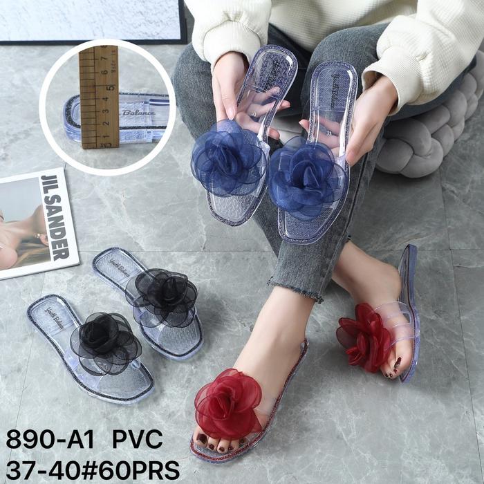 NEW Sendal Slop Teplek Bunga Kaca Transparant Import Korean Flower Jelly Anti Slip Balance 890-A1