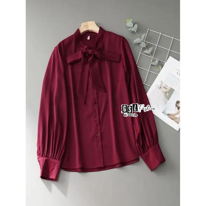 Kemeja Polos Satin Silk Lengan Panjang Premium Wanita Blouse Korean Cewek Jumbo Size M L XL XXL XXXL