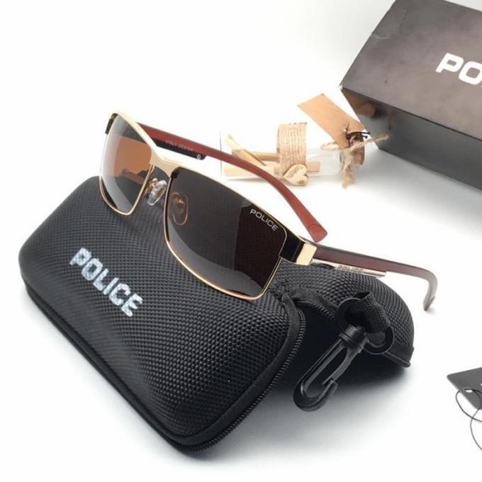 kacamata pria lensa polarized frame titanium lensa kaca police P24 murah - gold lns coklat, box mika