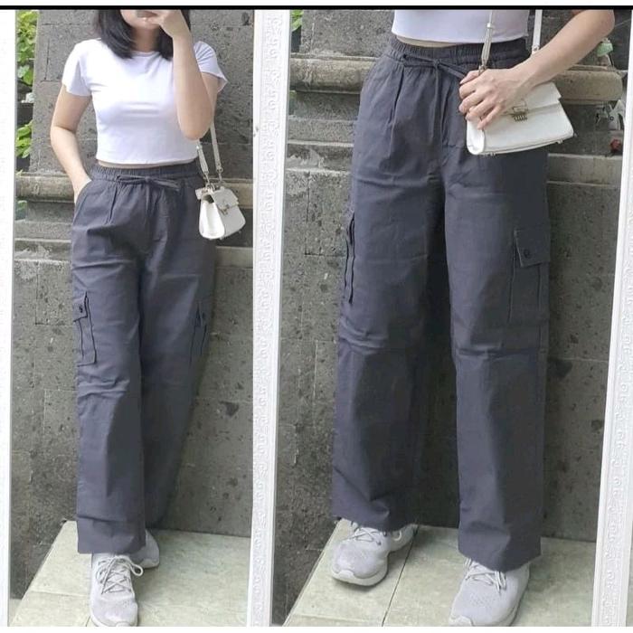 Celana Wanita Kulot Cargo Panjang Linen Crinkle Ukuran Standar & Jumbo Muat Hingga BB 45kg-80kg Panj