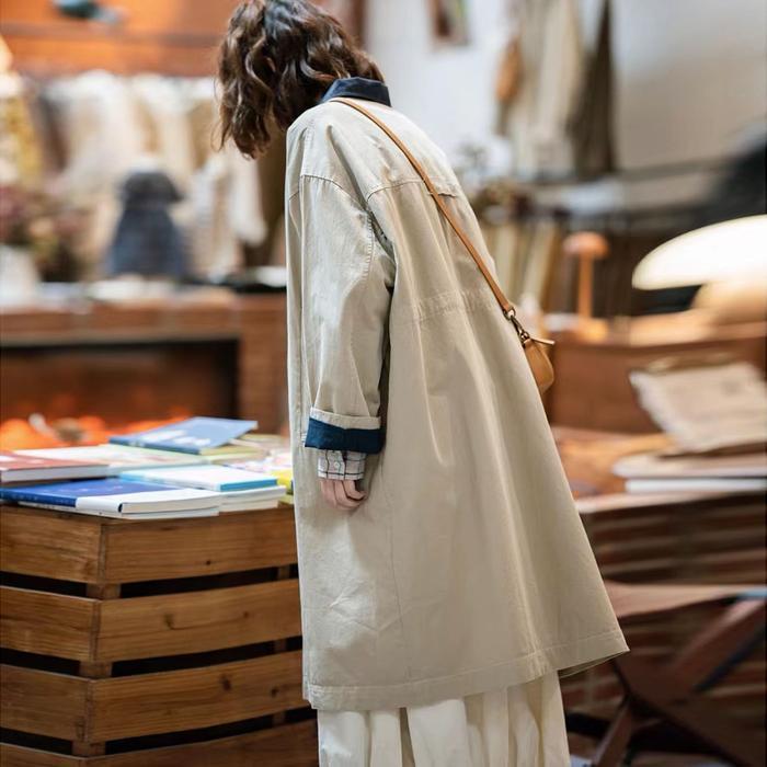 Jaket Outer Mantel Panjang Long Coat Oversize Katun Cargo Premium Duotone Krem Khaki Lining Biru Nav