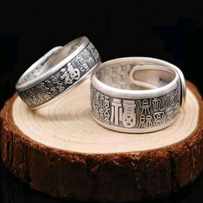 Cincin pria wanita huruf Mandarin Fu silver chrome retro casual logam Alloy