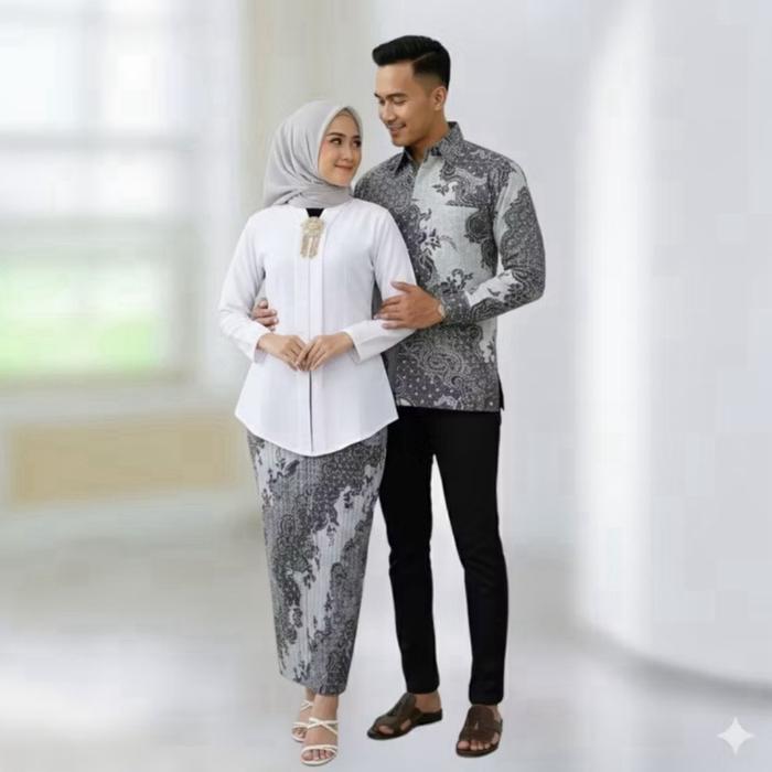 Set Couple Kebaya Nagita Khas Betawi Floy Polos Bahan Katun Baloteli Premiura Kancing Depan Rok Plis