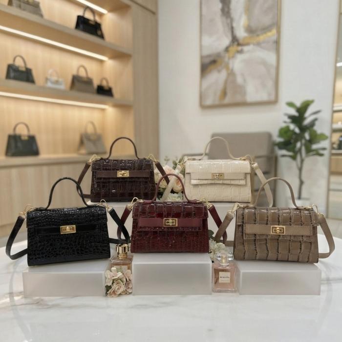 Catalina Tas Selempang mini Handbag Wanita Premium Kelly Bag Motif Croco Leather Ukuran 20x7x12 Slin