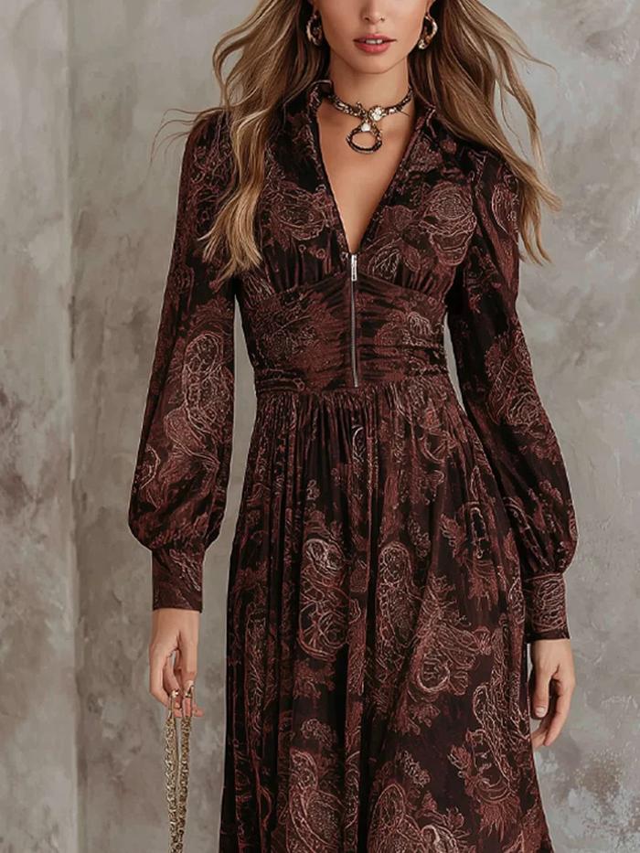 Women Long Sleeve i Dress Vintage Paisley Print V Neck Zip Up High Waist Flowy Long Dresses Autumn/W