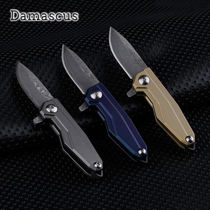 Damascus Folding Knife Titanium Handle D2 High Hardness EDC Keychain