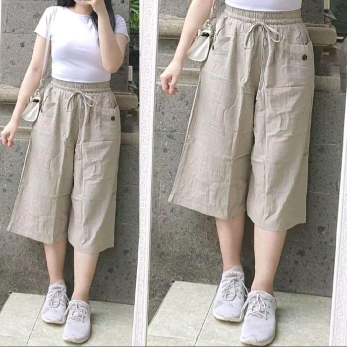 Celana 7/8 linen crinkle kancing nyaman santai dewasa short pants standar jumbo Casual Kulot